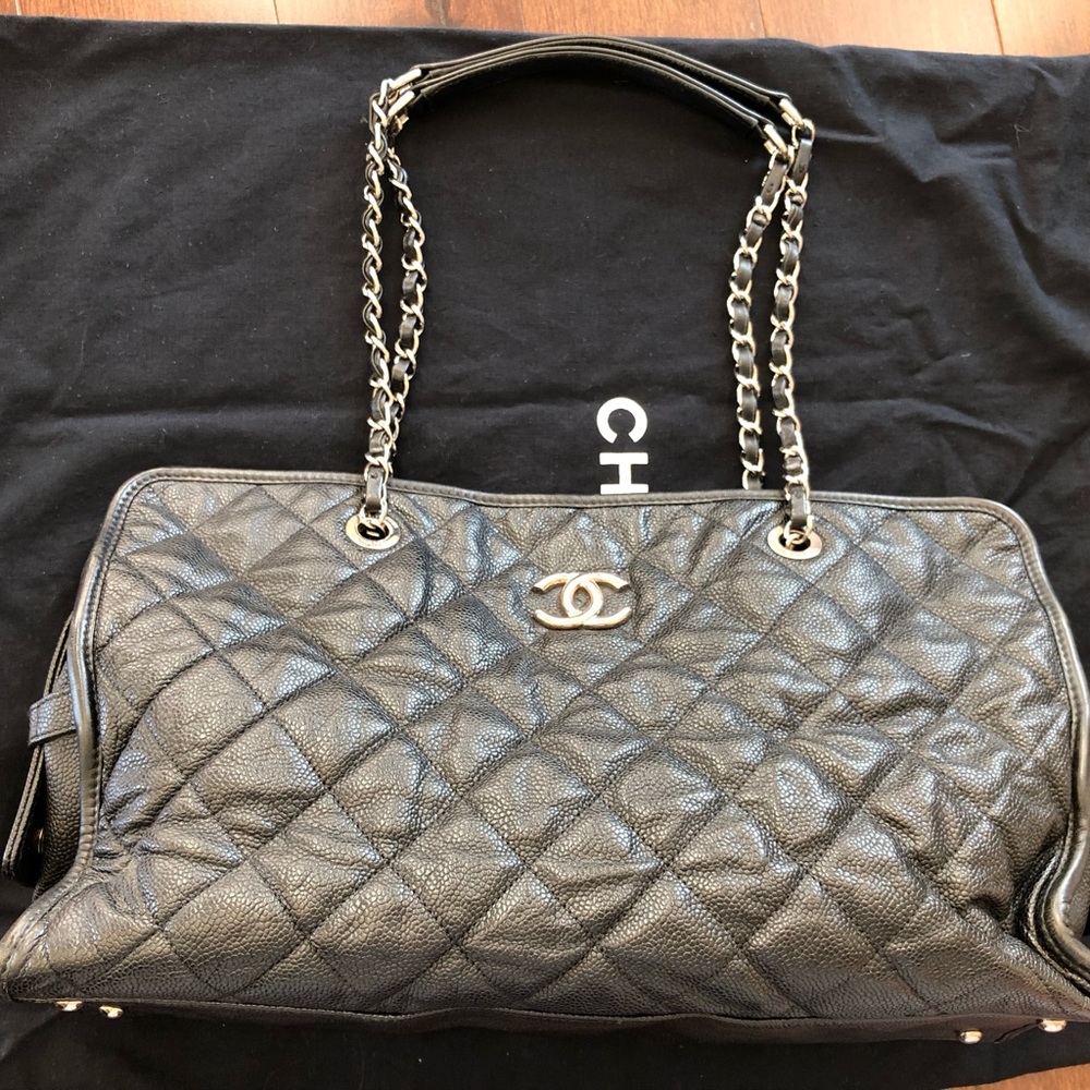 🌟AUTH CHANEL Quilted Caviar Leather Large Tote Shoulder Bag Purse Hand bag Black